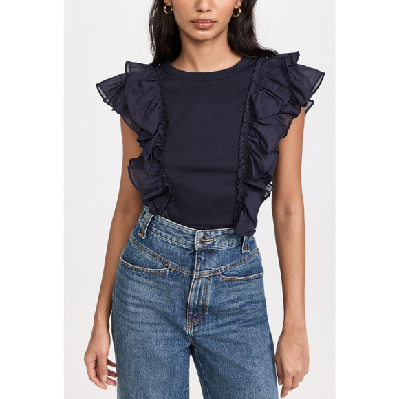 Veronica Beard Denim Jean Blue Cotton Bardot Ruffle Tee Size XS - Picture 1 of 5